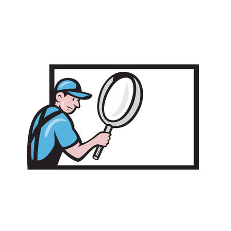 Illustration of a worker holding looking into a magnifying glass on billboard on isolated background done in cartoon style.のイラスト素材