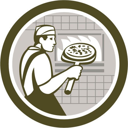Illustration of a baker pizza maker holding a peel with pizza pie into a brick oven viewed from side done in retro style on isolated white background.のイラスト素材