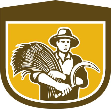 Illustration of wheat farmer with crop produce harvest and holding scythe facing front set inside shield crest shape in background done in retro style.のイラスト素材