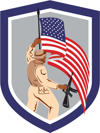 Illustration of an American soldier serviceman holding american flag with assault rifle facing side set inside shield crest on isolated white background.のイラスト素材