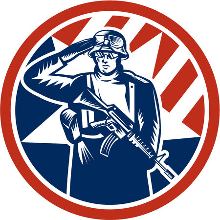 Illustration of an American soldier serviceman saluting holding rifle gun facing front inside circle done in retro style.のイラスト素材