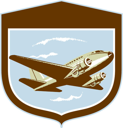 Illustration of a DC10 propeller airplane airliner on flight flying set inside shield crest shape on isolated background done in retro style.のイラスト素材