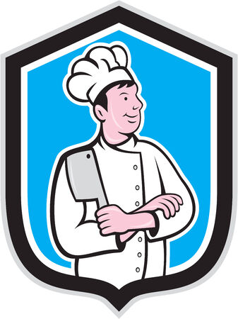 Illustration of a chef cook holding knife arms crossed facing side set inside shield crest on isolated background done in cartoon style. のイラスト素材