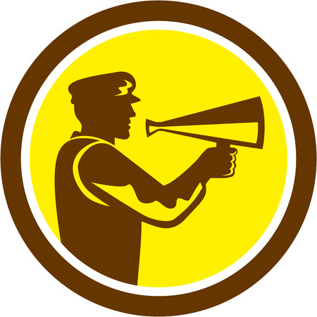 Illustration of a movie director cameraman shouting using bullhorn set inside circle done in retro style.のイラスト素材