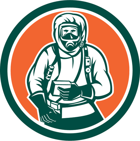 Illustration of a hazchem worker wearing suit viewed from front set inside circle on isolated background done in retro style. Illustration of a hazchem worker wearing suit viewed from front set inside circle on isolated background done in retro style.