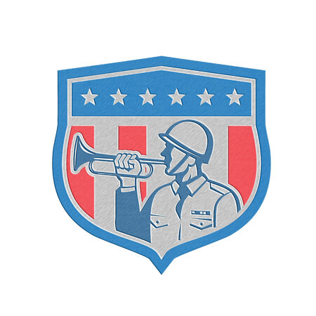 Metallic styled illustration of a soldier military police personnel  blowing a bugle set inside...