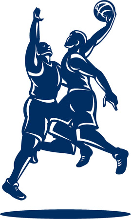 Illustration of basketball players dunking lay-up shooting and blocking ball on isolated white background done in retro style. のイラスト素材