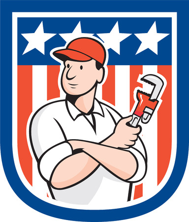 Illustration of an american plumber holding monkey wrench set inside shield crest done in cartoon style on stars and stripes background.のイラスト素材