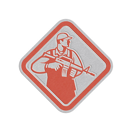 Metallic styled illustration of an soldier serviceman military holding carrying assault rifle facing side set inside shield crest on isolated white background done in retro styleの写真素材