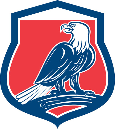 Illustration of a bald eagle perching on a tree branch looking to the side set inside shield crest on isolated background done in retro style.のイラスト素材