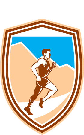 Illustration of a marathon runner running viewed from the side set inside shield crest done in retro style.のイラスト素材