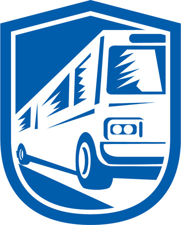 Illlustration of a tourist coach bus shuttle traveling fast viewed from front set inside shield crest done in retro style on isolated background.のイラスト素材