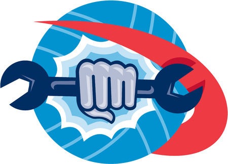 Illustration of a mechanic hand holding spanner wrench punching bursting out of circle shape viewed from front inside circle on isolated on white background done in retro style.のイラスト素材