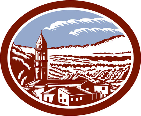 Illustration of church belfry tower in Tuscany, Italy with surrounding houses and landscape set inside oval done in retro woodcut style.のイラスト素材