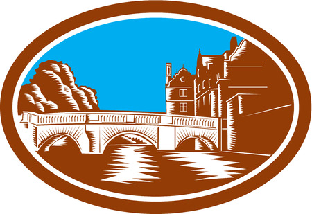 Illustration of the Trinity College Bridge in Cambridge, England spanning the River Cam viewed from afar set inside oval done in retro woodcut style.のイラスト素材