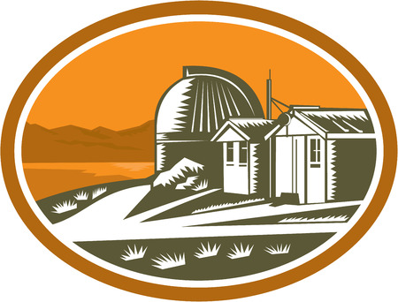 Illustration of the Mt John University Observatory in Lake Tekapo, New Zealand set inside oval done in retro woodcut style.のイラスト素材