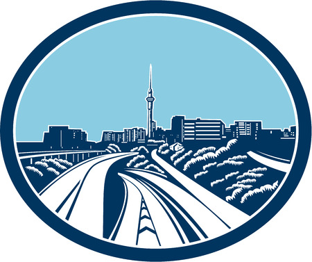 Illustration of the Sky Tower in the skyline of Auckland, New Zealand set inside oval done in retro woodcut style.のイラスト素材