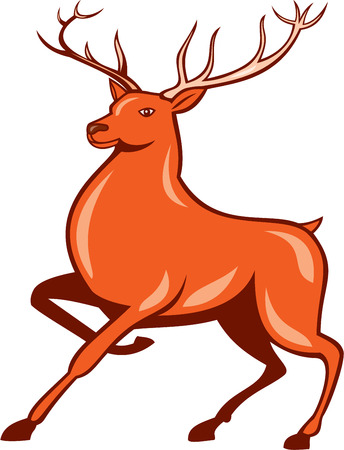 Illustration of a red stag deer buck marching walking facing side set on isolated white background done in cartoon style.のイラスト素材