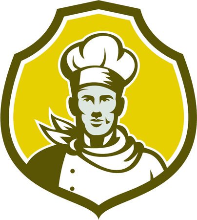 Illustration of a baker chef cook bust with hat facing front set inside shield crest on isolated background done in retro style.のイラスト素材