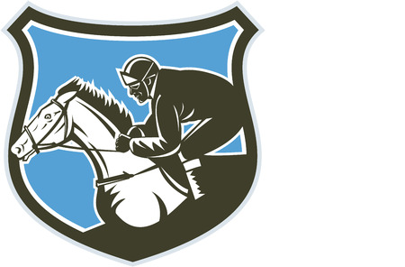 Illustration of horse and jockey racing viewed from side set inside shield crest on isolated background done in retro style.のイラスト素材