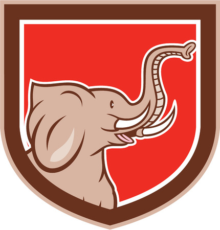 Illustration of an elephant head with tusks viewed from the side set inside shield crest on isolated background done in cartoon style.のイラスト素材