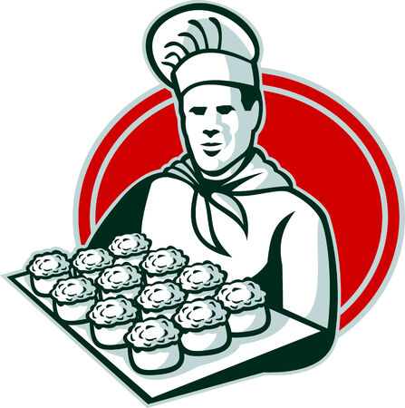 Illustration of a baker chef cook serving tray of pork meat pies set inside ellipse done in retro style.のイラスト素材