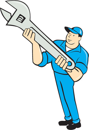 Illustration of a mechanic holding spanner のイラスト素材