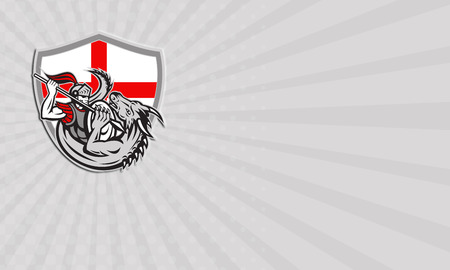 Business card showing illustration of an English knight in full armor with lance fighting dragon with England flag in background done in retro style.の写真素材
