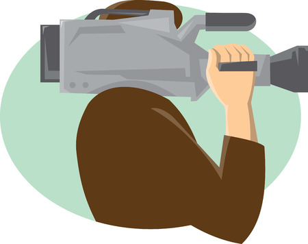 Illustration of a cameraman holding movie video camera on shoulder viewed from the side done in retro style.のイラスト素材