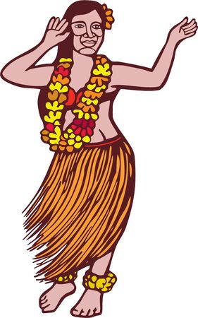 Illustration of a polynesian hawaiian dancer with grass skirt with lei dancing hula on isolated white background done in woodcut linocut style.のイラスト素材