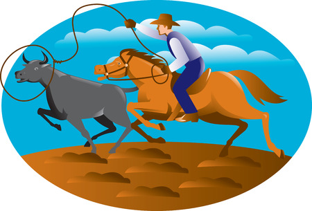Illustration of a cowboy riding horse with lasso roping a bull cow set inside oval with blue sky and clouds in the background done in retro style.のイラスト素材
