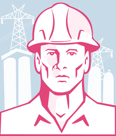 Illustration of a construction engineer worker wearing hardhat facing front with pylon and buildings in background done in retro style.のイラスト素材