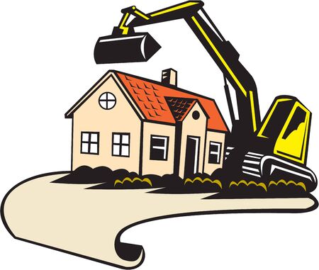 Illustration of a house demolition and building removal concept showing a house with construction digger mechanical excavator in the background done in retro style.のイラスト素材