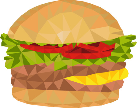 Low polygon style illustration of a hamburger with tomato, lettuce, cheese and burger patty set on isolated white background.のイラスト素材