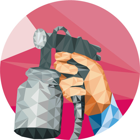 Low polygon style illustration of hand holding spray paint gun spraying painting set inside circle on isolated backgroundのイラスト素材