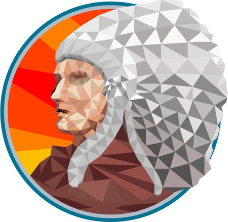 Low polygon style illustration of a native american indian chief first peoples viewed from side set inside circle.のイラスト素材