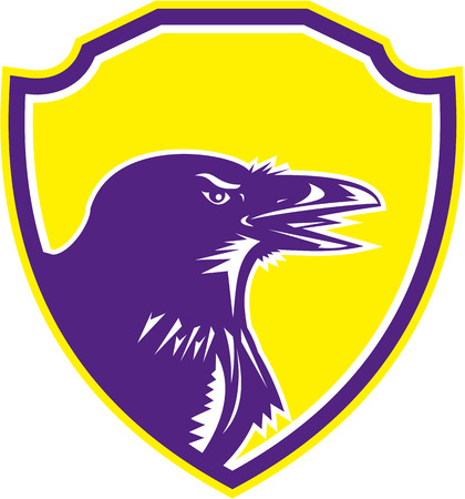 Illustration of a raven head looking to side set inside shield done in retro woodcut style.のイラスト素材