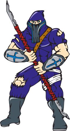 Cartoon style illustration of a masked ninja warrior superhero holding a spear viewed from front on isolated white background.のイラスト素材