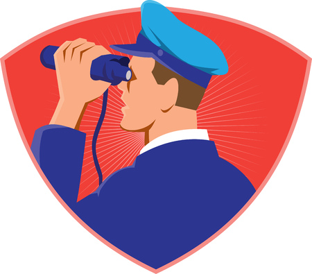 Illustration of a navy captain looking in binoculars viewed from side set inside shield crest done in retro style on isolated background.のイラスト素材
