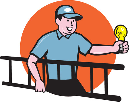 Illustration of an electrician worker carrying ladder on one hand and holding a light bulb in the other hand facing side set inside circle on isolated background done in cartoon style.のイラスト素材