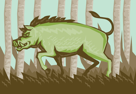 Woodcut style illustration of a razorback wild pig boar attacking in the forest viewed from the side with woods trees in the background.のイラスト素材