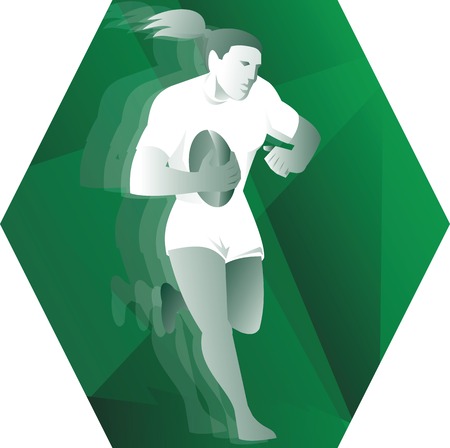 Illustration of a female woman rugby player running with ball done in retro style set inside hexagon.のイラスト素材