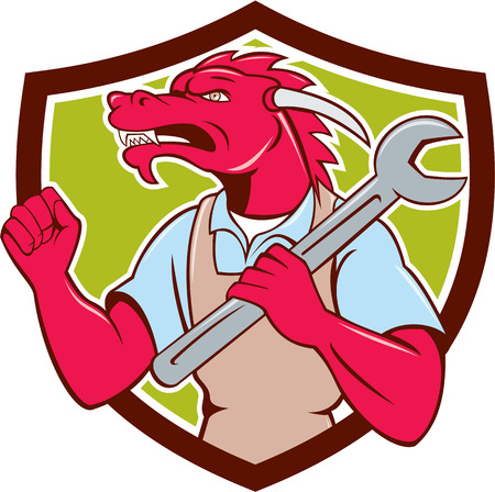 Illustration of a red dragon mechanic facing side holding spanner on shoulder making fist pump set inside shield crest on isolated background done in cartoon style.のイラスト素材