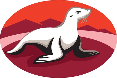 Illustration of a new zealand fur seal retro on the beach with mountains in background done in retro style set inside oval.のイラスト素材