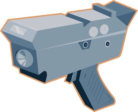 Illustration of a mobile speed camera radar gun viewed from a high angle done in retro style on isolated white background.のイラスト素材