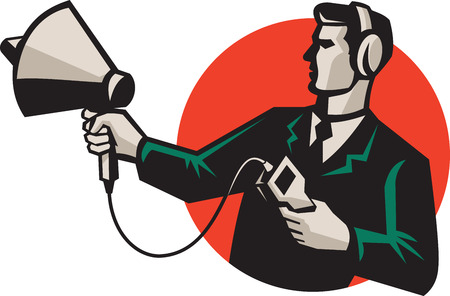 Illustration of technician engineer pointing a sonar radar ultrasound sonic equipment set inside circle done in retro style.のイラスト素材
