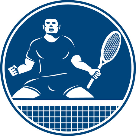 Icon illustration of a tennis player with racquet fist pumping set inside circle flames on isolated background done in retro style.のイラスト素材