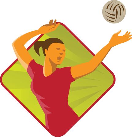 Illustration of a volleyball player spiker spiking ball set inside diamond shape done in retro style on isolated background.のイラスト素材