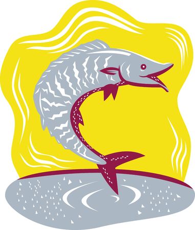 Illustration of a wahoo fish jumping viewed from side done in retro woodcut style.のイラスト素材