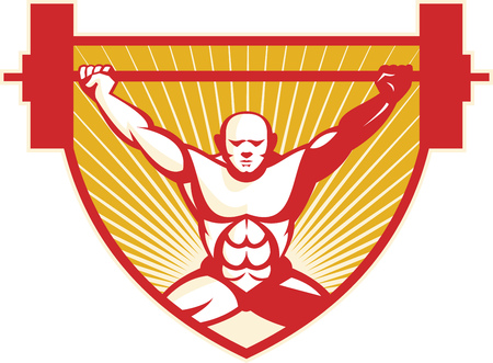 Illustration of a weightlifter lifting barbell weights viewed from front set inside shield done in retro style with sunburst in the background.のイラスト素材